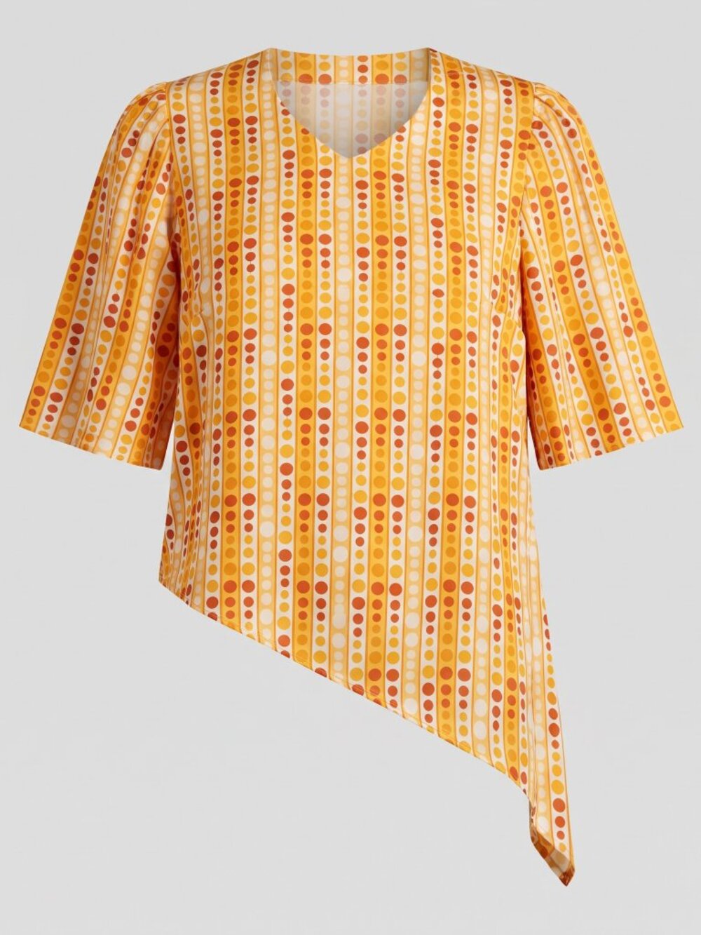 70s retro Yellow Orange Polka Dot Asymmetrical Hem Tunic Top 3/4 Sleeve